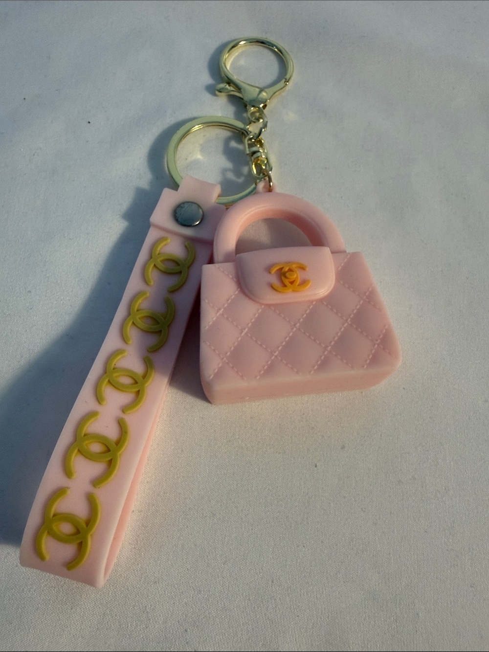Pink Quilted Purse Keychain with Gold Accent Strap